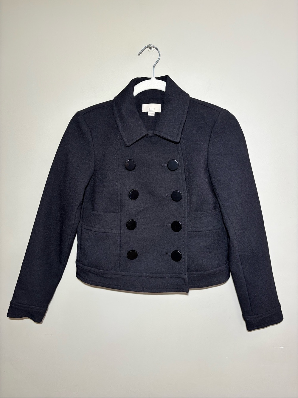 LOFT Black Cropped Pea Coat Jacket XXS Petite XXSP Snap Button Double Breasted